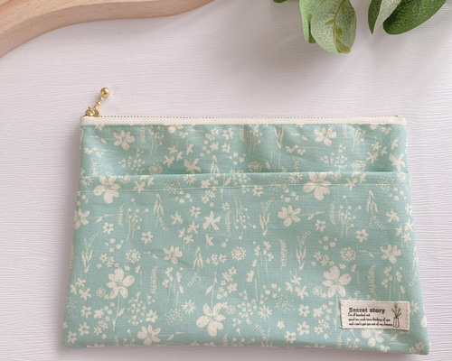 防水コットン♡前ポケット付き♡マスクポーチ✿︎マルチポーチ/ミント