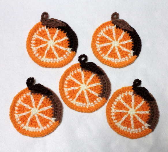 ショコラオレンジのエコたわし&コースター　5枚セット（1重タイプ）送料無料 2枚目の画像