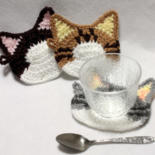 トラ白猫のエコたわし&コースター 6枚セット(こげ茶・ヘーゼル・グレー