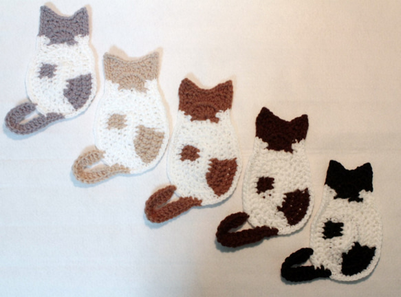 猫の背中のエコたわし&コースター　5枚セット　(5色ぶち猫)(1重タイプ・送料無料) 1枚目の画像