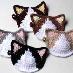 エコたわし&コースター　猫5枚セット　(5色ハチワレ猫)(1重タイプ)　送料無料 2枚目の画像