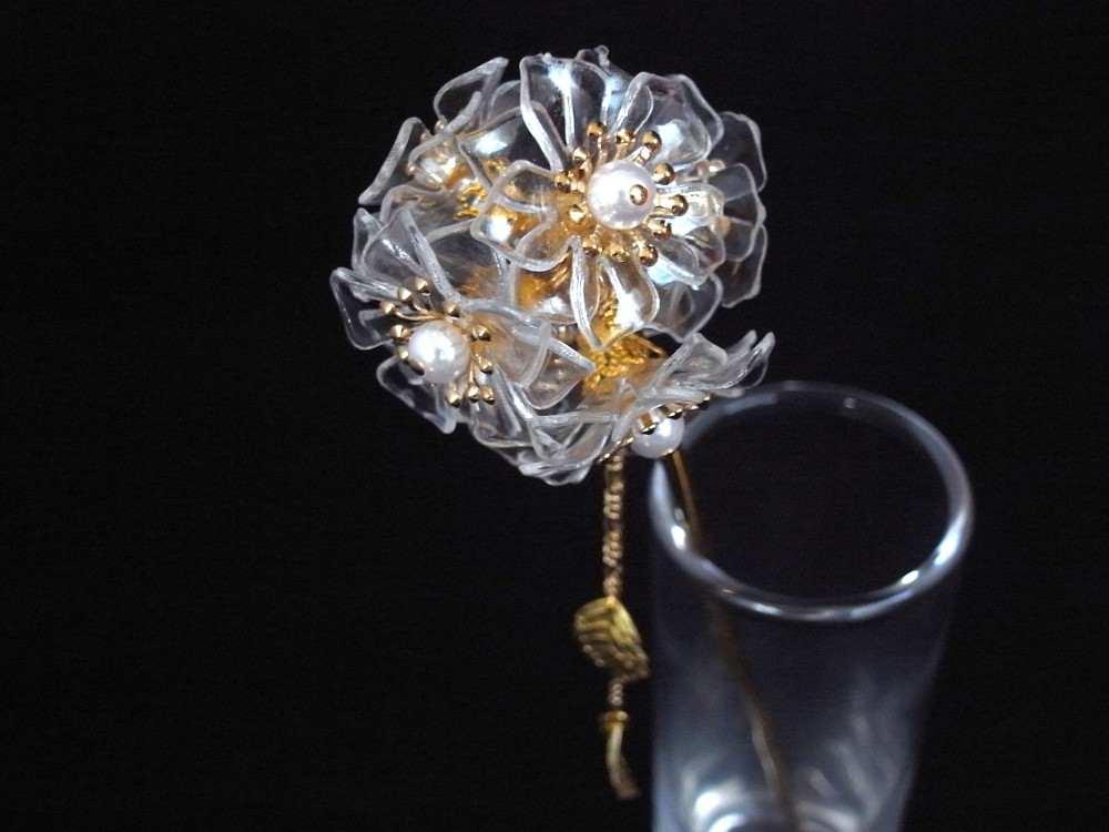 かんざし　氷の花 B　ゴールド　クリア　透明　フラワー　和モダン　大きめ　大振り　大型　一本簪　一本挿し　0033