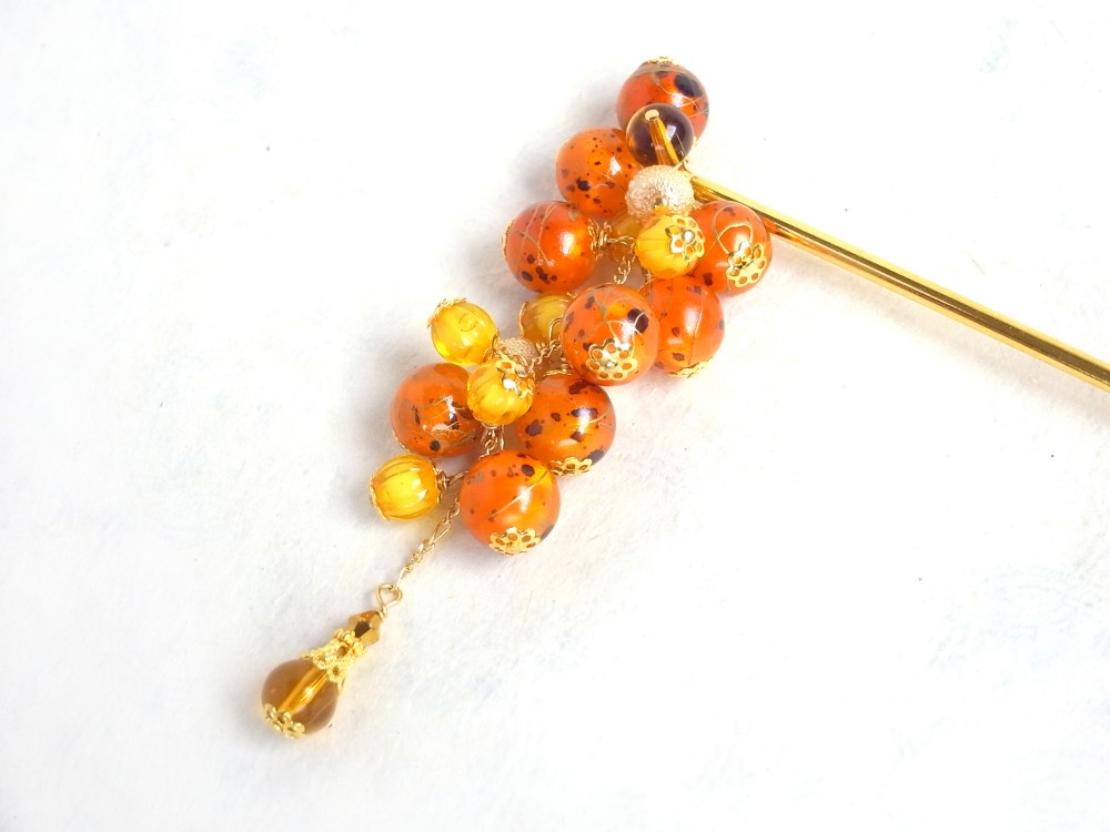 かんざし　夏祭りのヨーヨー　オレンジ＆イエローカラー　水風船　夏秋　紅葉　一本挿し　一本簪　軽い　軽量　0028