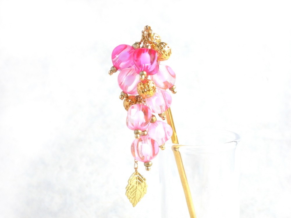 かんざし　鈴生りほおずき風ビーズ　ピンク　ゴールド　一本挿し　一本簪　春　涼しげ　透明　クリア　鬼灯　ホオズキ　0046