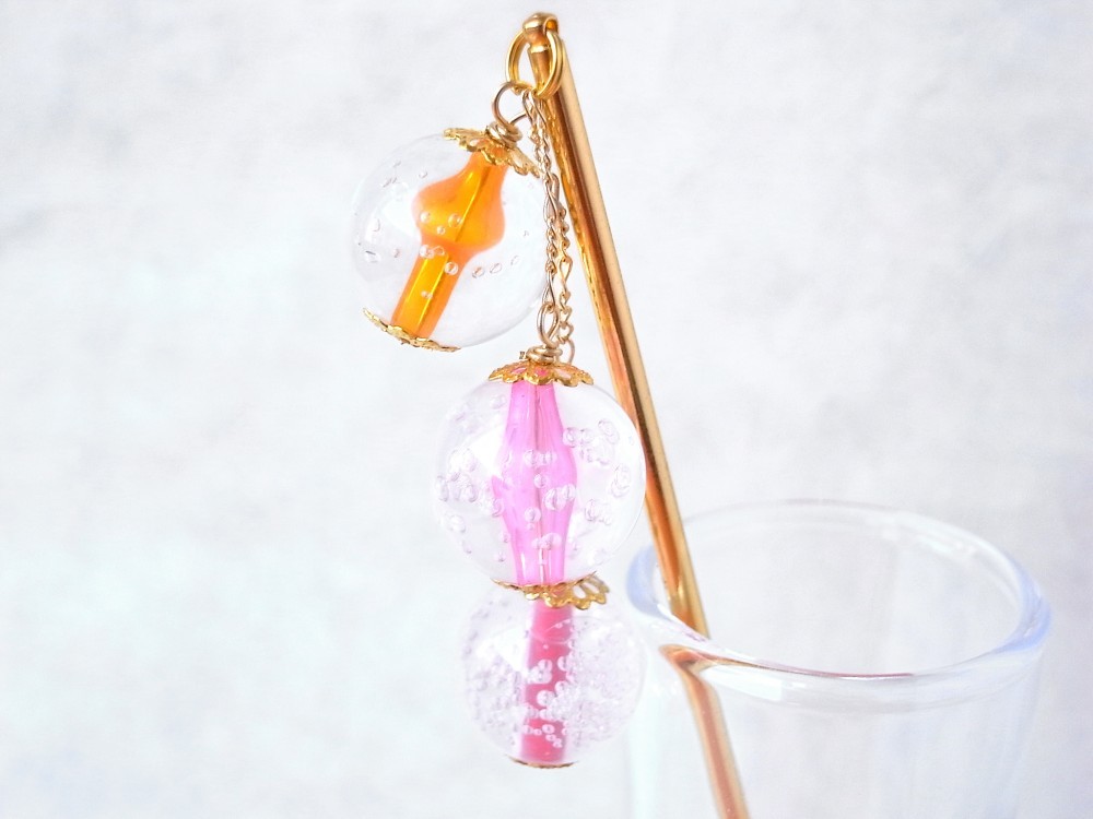 かんざし　泡玉シュワシュワビーズ　赤系　レッド　オレンジ　ピンク　一本挿し　一本簪　ゴールド　透明　クリア　0043 4,675円