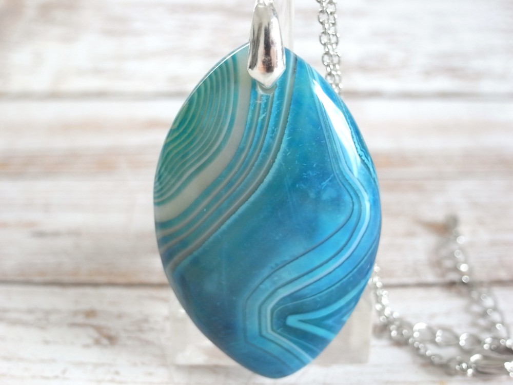 ネックレス　ブルーオニキスアゲート　マーキーズ５　青　水色　波　夏　海　縞　ストライプ　大きめ　大振り　大ぶり　シルバー