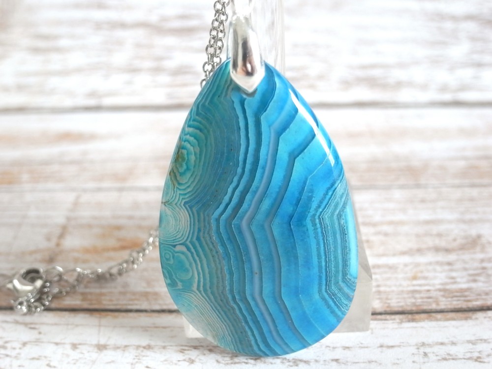 ネックレス　ブルーオニキスアゲート　ドロップ６　夏　海　青　縞　水色　透明　大きめ　大ぶり　ナチュラル　シルバー
