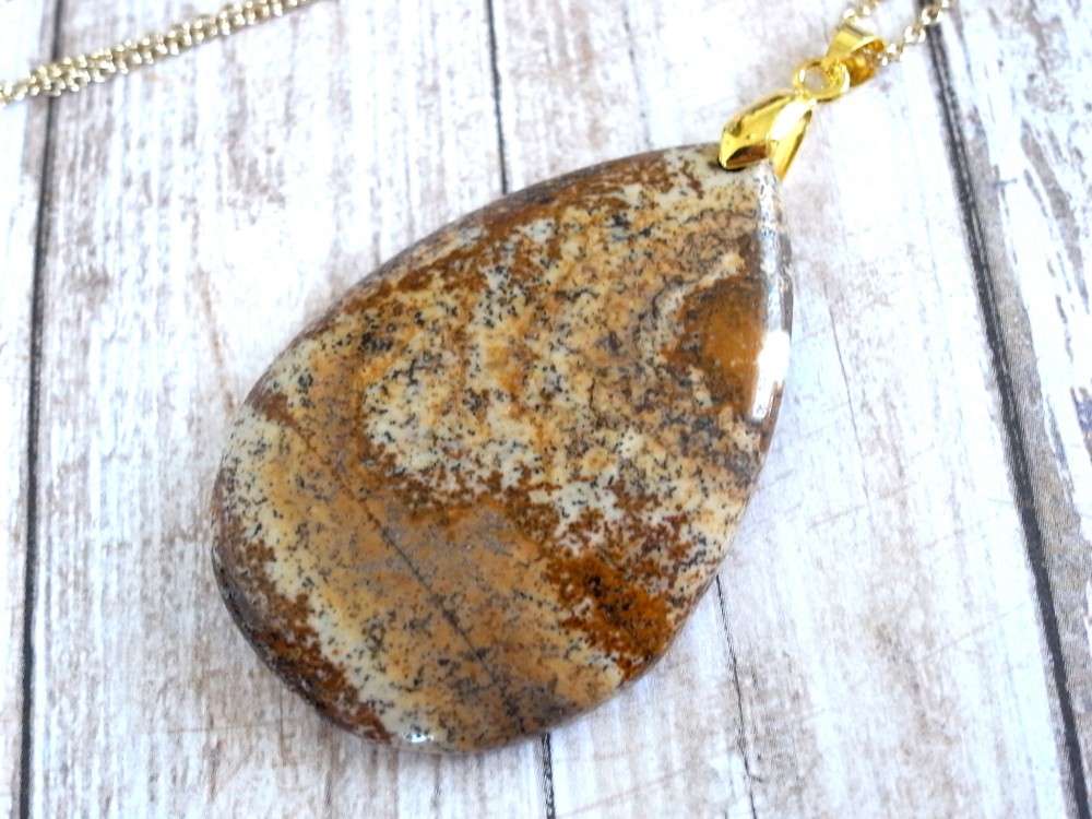 ネックレス　ピクチャージャスパー　ドロップ１　茶色　ベージュ　縞　ブラウン　ゴールド　天然石　大きめ　大振り　大ぶり