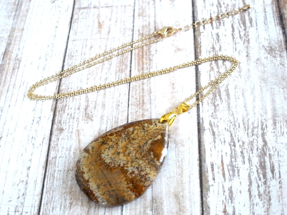 ネックレス　ピクチャージャスパー　ドロップ１　茶色　ベージュ　縞　ブラウン　ゴールド　天然石　大きめ　大振り　大ぶり