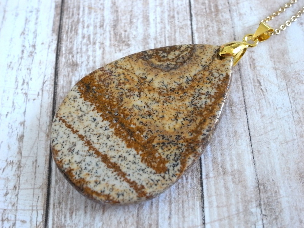 ネックレス　ピクチャージャスパー　ドロップ１　茶色　ベージュ　縞　ブラウン　ゴールド　天然石　大きめ　大振り　大ぶり