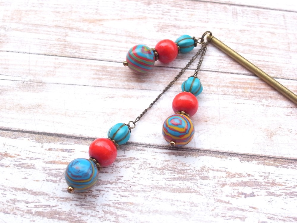 かんざし　サイケデリックモダンな人工石カルシリカ　赤　レッド　青　ターコイズブルー　一本挿し　一本簪　ゴールド　0023