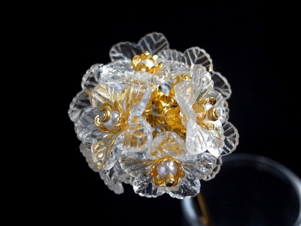 かんざし　氷の花　一本簪　一本挿し　透明　クリア　フラワー　大きめ　大振り　大型　冬　ゴールド　白　ホワイト　0031