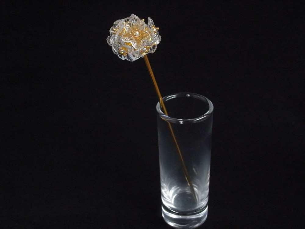 かんざし　氷の花　一本簪　一本挿し　透明　クリア　フラワー　大きめ　大振り　大型　冬　ゴールド　白　ホワイト　0031