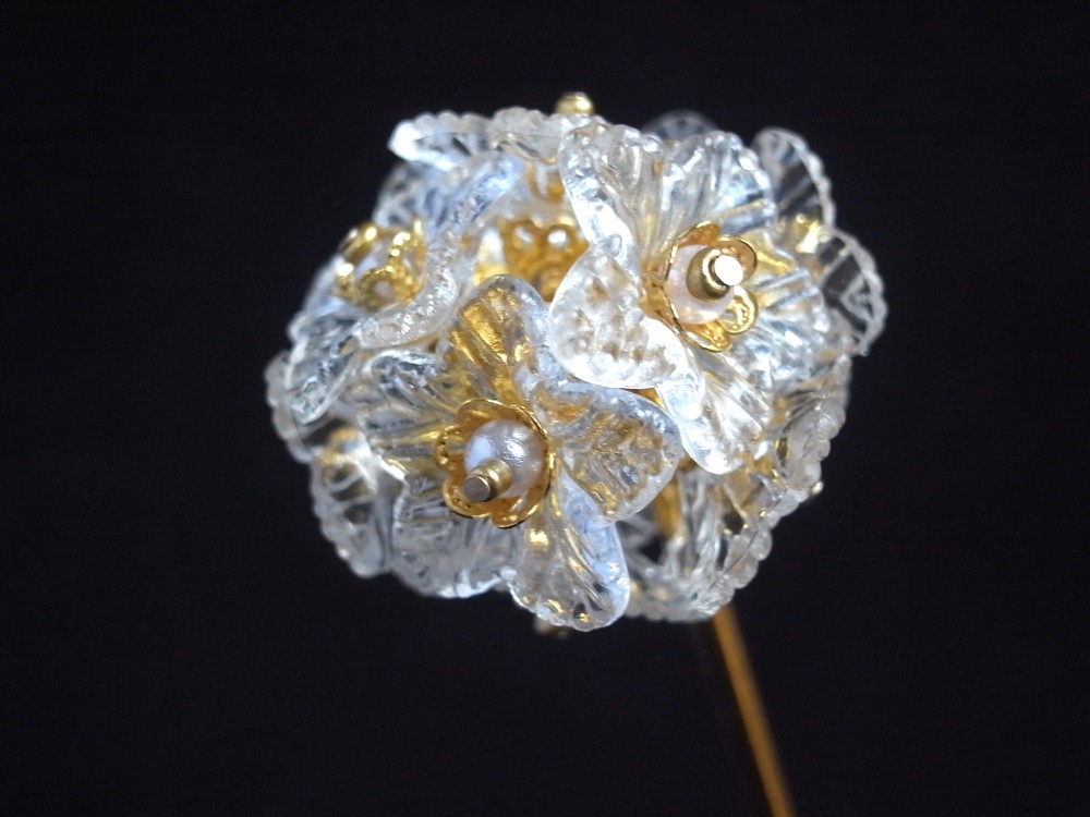 かんざし　氷の花　一本簪　一本挿し　透明　クリア　フラワー　大きめ　大振り　大型　冬　ゴールド　白　ホワイト　0031