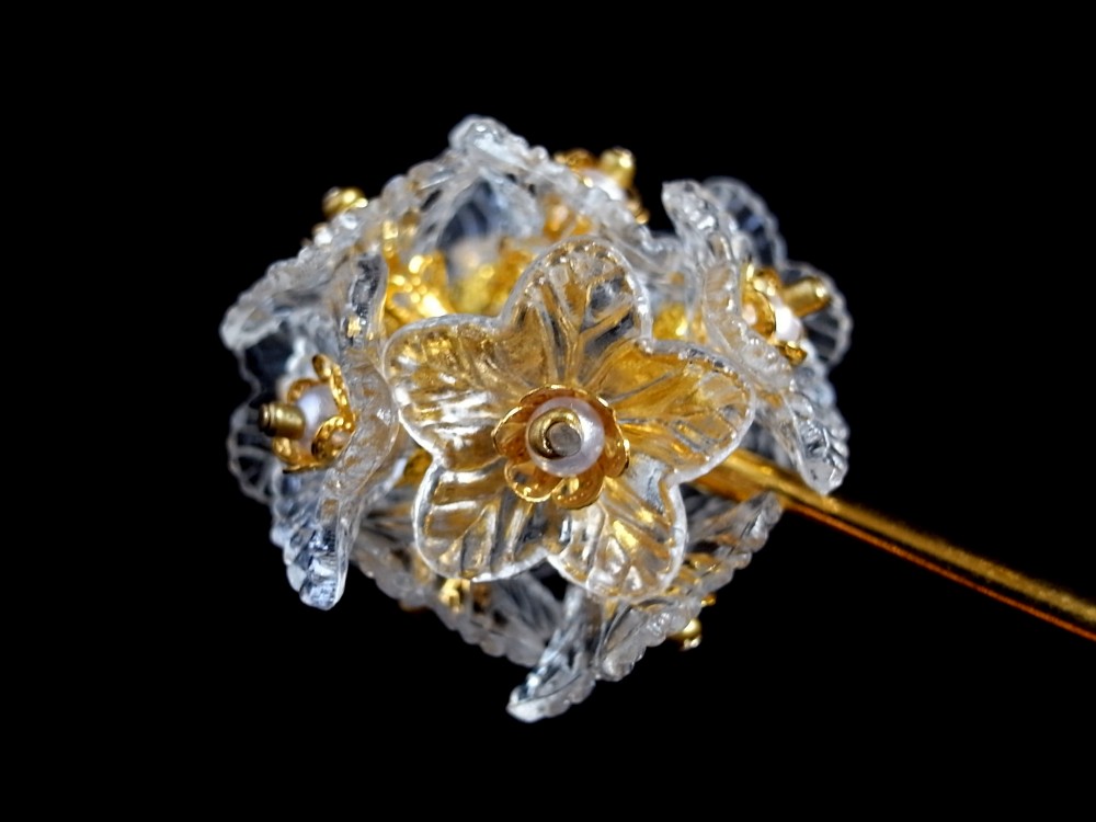 かんざし　氷の花　一本簪　一本挿し　透明　クリア　フラワー　大きめ　大振り　大型　冬　ゴールド　白　ホワイト　0031