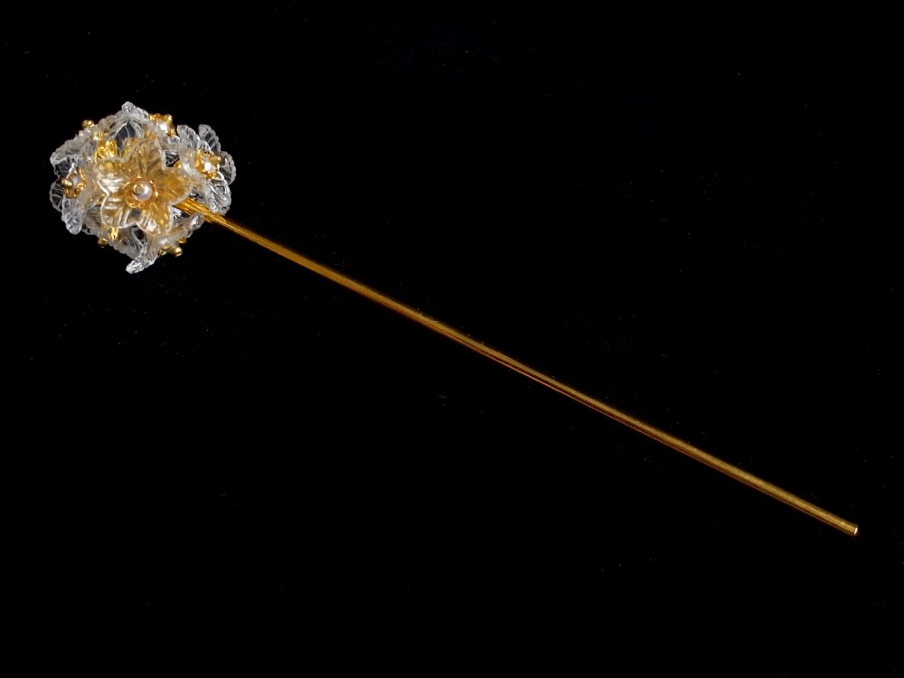 かんざし　氷の花　一本簪　一本挿し　透明　クリア　フラワー　大きめ　大振り　大型　冬　ゴールド　白　ホワイト　0031