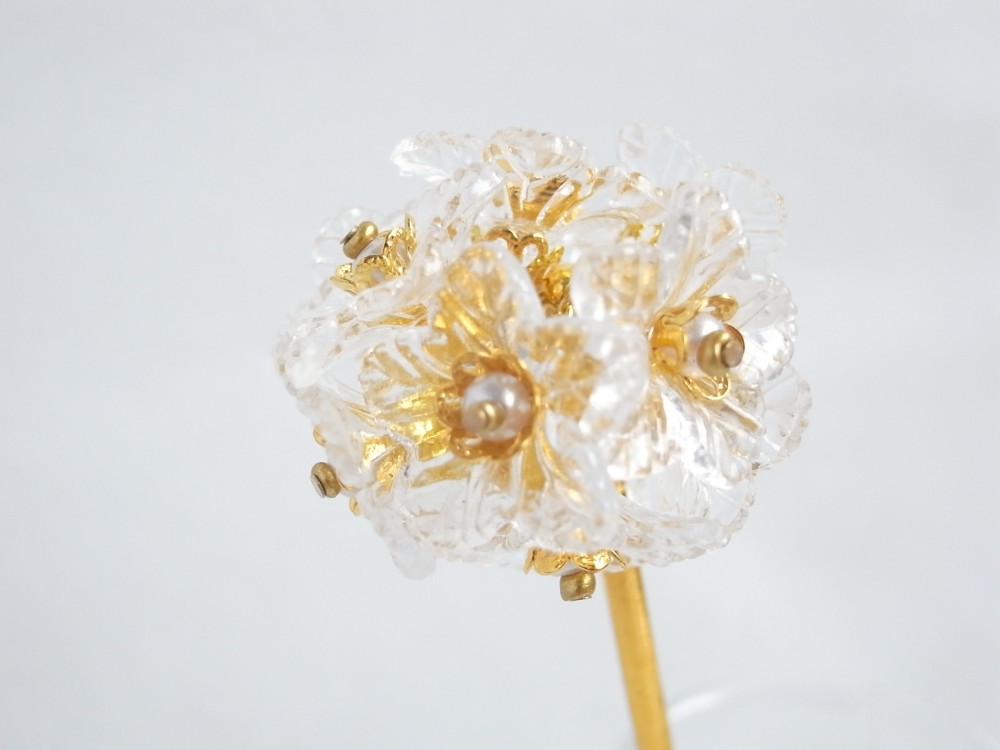 かんざし　氷の花　一本簪　一本挿し　透明　クリア　フラワー　大きめ　大振り　大型　冬　ゴールド　白　ホワイト　0031