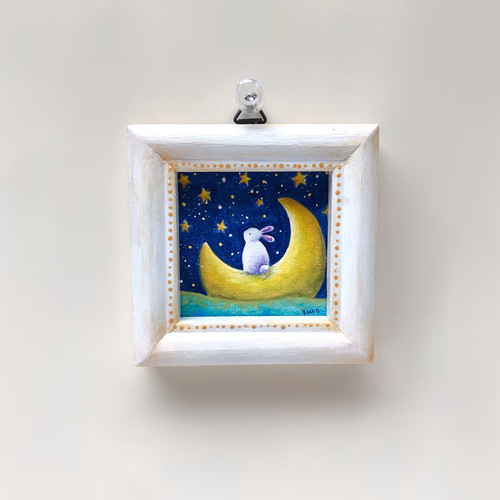 手作り額付き作品　title「静かなる月下の夢ウサギ」 受注制作】夢をくれたきみへ【うさぎと月】 絵画 kuro 通販 10629406