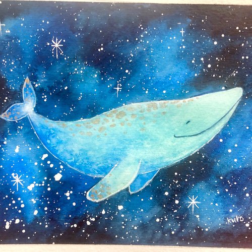 星空のクジラ 絵画24x24cm 【 青の世界を翔けるクジラ 】
