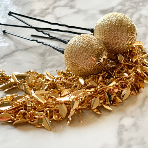 ゴールド 和玉かんざし・垂れかんざし 3本和装飾りセット/成人式 髪 
