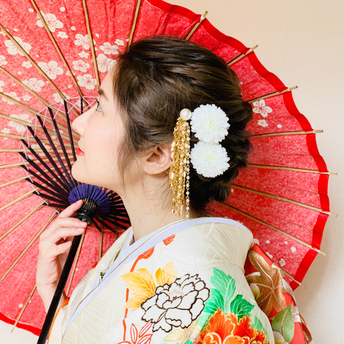 ゴールド パール・シャラシャラ垂れ飾り簪 白菊 花飾り 3個