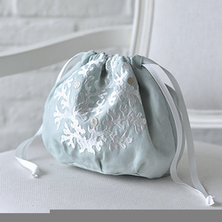 珊瑚柄刺繍インナーバッグ「アクアブルーカラー」・巾着・Mサイズ・ナンタケットバスケット用 2枚目の画像