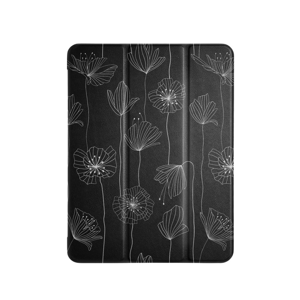 【軽量】北欧風　ボタニカル　凛とした花　ブラック  iPadケース アイパッド iPadカバー 1枚目の画像