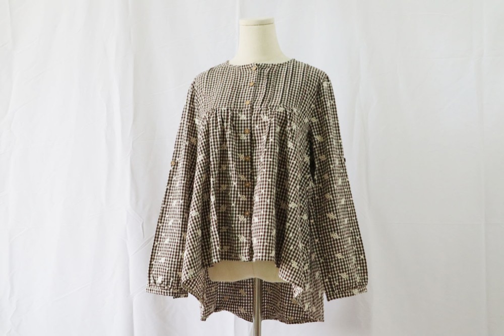 長袖ブラウス ギャザーフリル リネン 大人可愛い 花柄 チェック柄