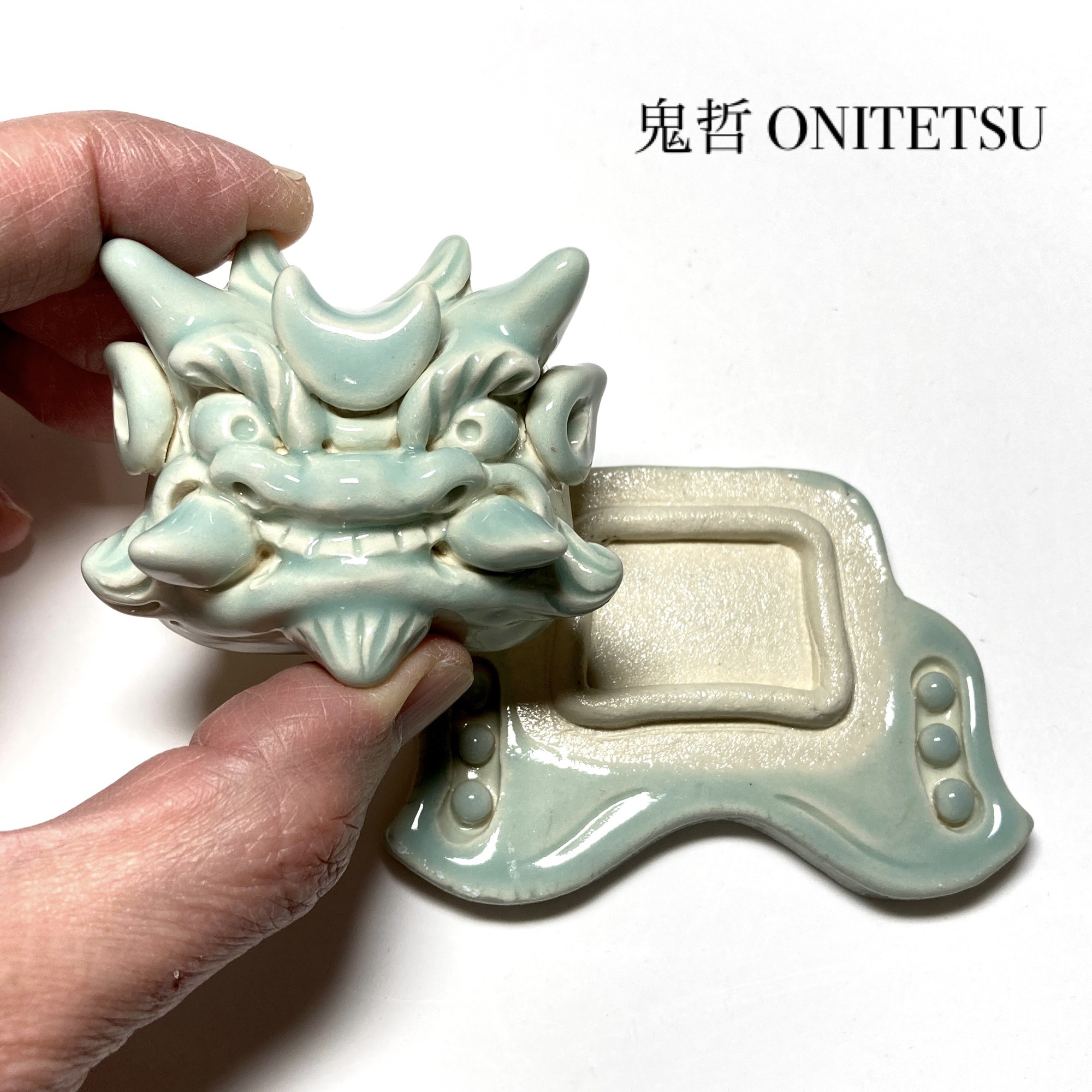 節分のお茶事に、飾り物に【鬼瓦型の香合】青磁色、人気のお色です