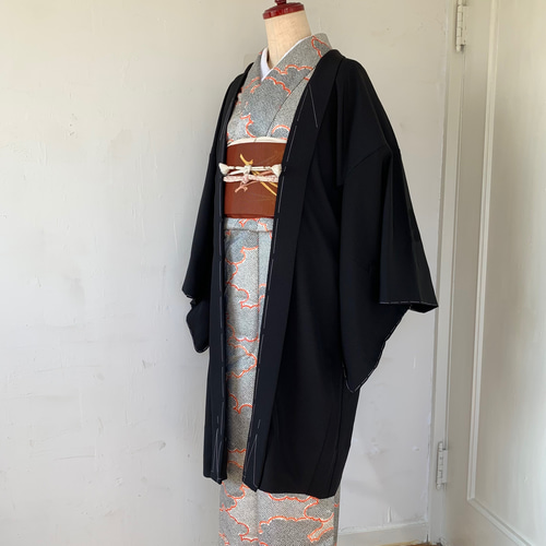 正絹 単衣 長羽織 黒 片身替え 【新品】 着物 haori しば田（お休み 