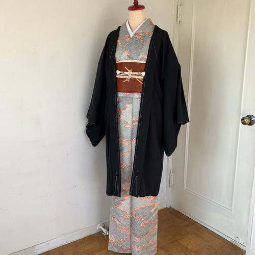 正絹 単衣 長羽織 黒 片身替え 【新品】 着物 haori しば田（お