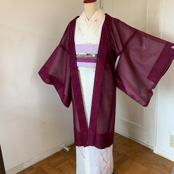 新品 正絹 単衣 女物 長羽織 赤紫色 絽紗 1枚目の画像
