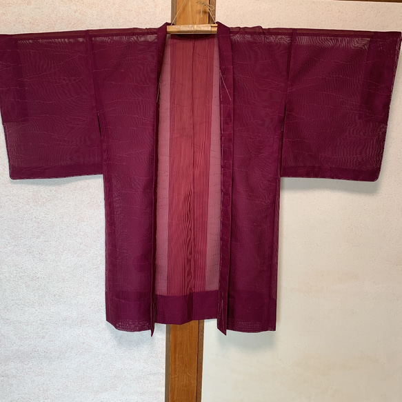 新品 正絹 単衣 女物 長羽織 赤紫色 絽紗 3枚目の画像