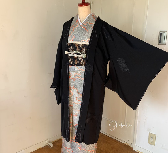 新品 正絹 単衣 女物 長羽織 黒 ラメ 着物 haori しば田（お休み  