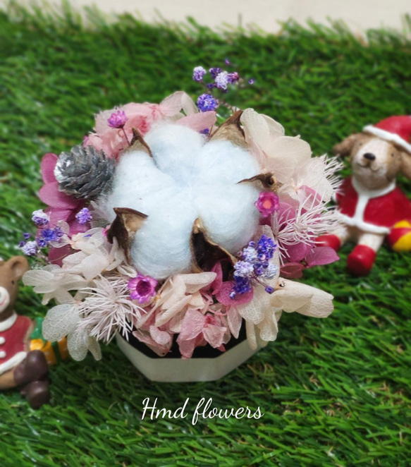 【HMD.Flowers】『棉花糖彩紅盆花禮』乾燥花 不凋繡球花 居家裝飾 香氛磚 第2張的照片