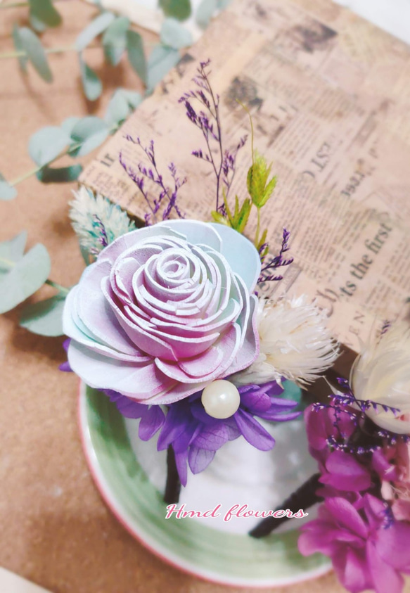 【HMD.Flowers】《桃喜》婚禮乾燥胸花組 木玫瑰別針 第2張的照片