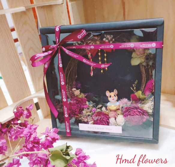 【HMD.Flowers】乾燥花圈 鼠年吉祥 掛飾 居家裝飾 禮盒 紅花 第1張的照片
