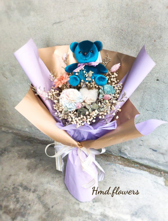 【HMD.Flowers】乾燥花 情人節 熊玩偶 捧花 居家裝飾 花束 紫 第2張的照片