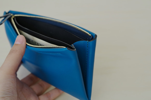 <高級革>フランスのラムレザー使用シンプル長財布(ピーコックブルー) 6枚目の画像