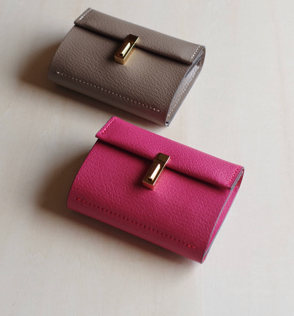 <高級革>フランスレザー使用コンパクト財布（ピンク） 2枚目の画像