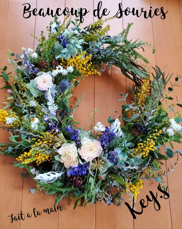 大きいよ♥ラナンキュラスとミモザの三日月ドライフラワーリース♥45  