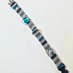 猫首輪　和風ボーダー　銀×青　寄附付き 4枚目の画像