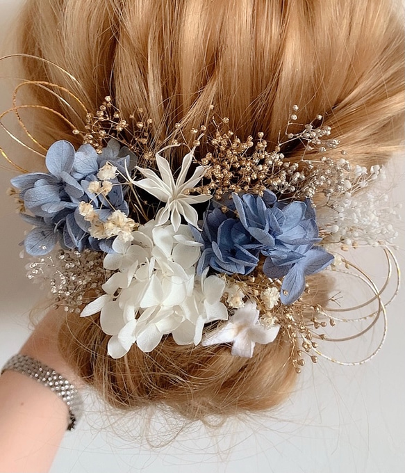 ドライフラワー髪飾り　gold ×  blue  水引&アジサイ　ヘッドドレス  成人式　卒業式　前撮り　結婚式 5枚目の画像