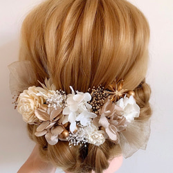 ドライフラワー髪飾り　gold × beige   チュールリボン&バラ　ヘッドドレス 結婚式　前撮り　卒業式　成人式 4枚目の画像
