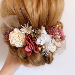 ドライフラワー髪飾り　gold × pink  チュールリボン&バラ　ヘッドドレス  結婚式　成人式　卒業式　前撮り 2枚目の画像