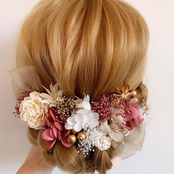 ドライフラワー髪飾り　gold × pink  チュールリボン&バラ　ヘッドドレス  結婚式　成人式　卒業式　前撮り 3枚目の画像