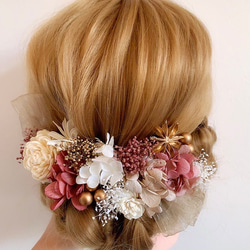 ドライフラワー髪飾り　gold × pink  チュールリボン&バラ　ヘッドドレス  結婚式　成人式　卒業式　前撮り 4枚目の画像