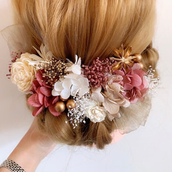 ドライフラワー髪飾り　gold × pink  チュールリボン&バラ　ヘッドドレス  結婚式　成人式　卒業式　前撮り 5枚目の画像
