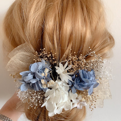 ドライフラワー髪飾り　gold × blue  チュールリボン×かすみ草　ヘッドドレス  結婚式　卒業式　前撮り　成人式 3枚目の画像