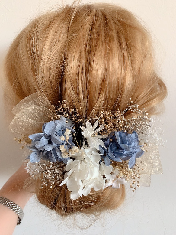 ドライフラワー髪飾り　gold × blue  チュールリボン×かすみ草　ヘッドドレス  結婚式　卒業式　前撮り　成人式 3枚目の画像